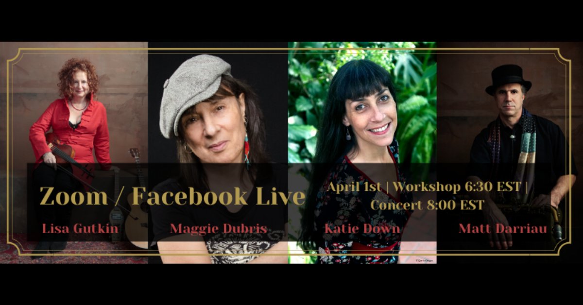 LisaGutkin's tweet photo. For my next Zoom/Facebook live concert, I am featuring two women whose art I find simultaneously gentle, powerful, and poetic. Maggie Dubris, Katie Down, &amp; Matt Darriau as special guests in celebration of the closing of Women's History month. 

Zoom meeting details in thread! https://t.co/5wZf3rfQM1