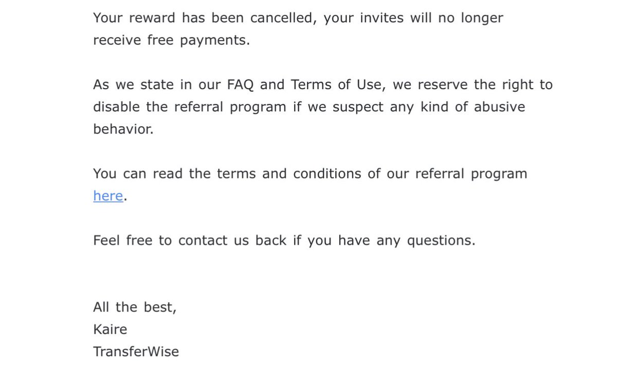 After i invited 3 my friends, TransferWise said we dont give ur reward. If you dont give rewards, dont deceive people <a href="/TransferWise/">TransferWise (now @Wise)</a> please don’t use this app, i dont feel my money safe anymore with this guys.