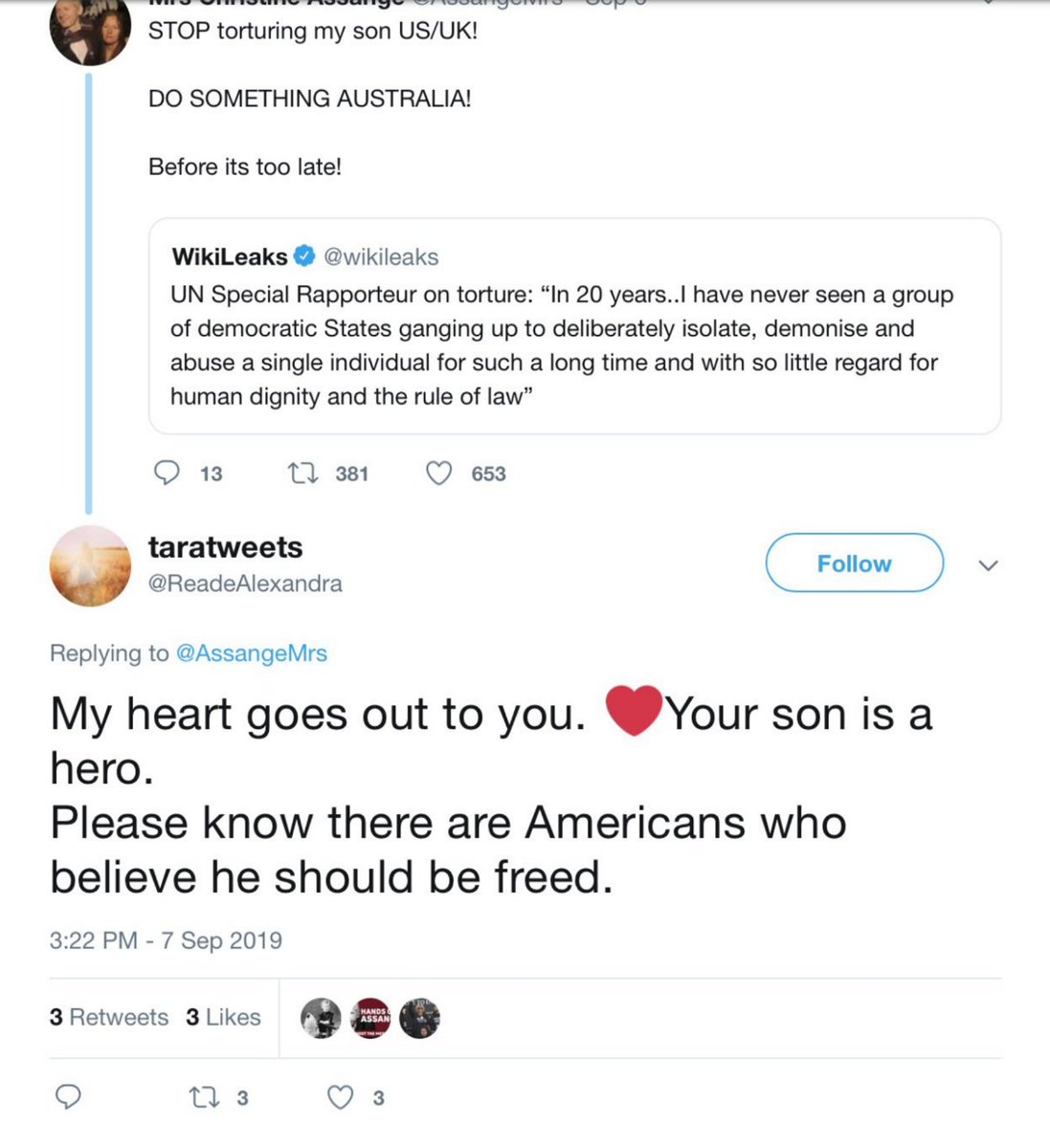 To end this thread on Tara Reade, I'll leave you with this tweet she made in Sept. of 2019 to the parents of Julian Assange, calling the accused rapist a "hero." She apparently doesn't "believe all women," does she? (END THREAD)