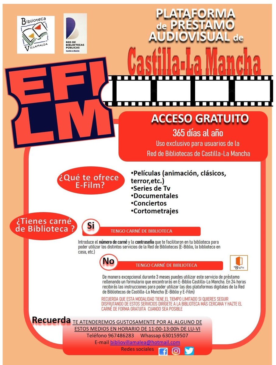 BVillamalea's tweet photo. !!!BUENAS NOTICIAS !!!!!!! 
Ya está disponible E-FILM en Castilla-La Mancha . ¿Qué  qué es E-Film. El nuevo servicio de la Red de Bibliotecas. 
¿ A quė esperas? https://t.co/Tv2WXCnWtK