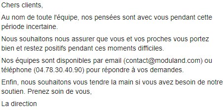 ModulandFrance's tweet photo. Chers clients,

Au nom de toute l'équipe, nos pensées sont avec vous pendant cette période incertaine.

Nous souhaitons vous tendre la main si vous avez besoin de notre soutien. Prenez soin de vous,

La direction https://t.co/ApPvTqdP99