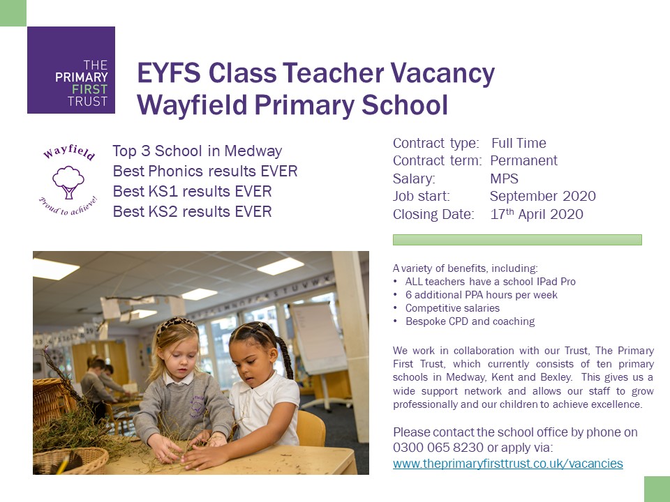 Primary1stTrust's tweet image. #TeamWayfield have a vacancy for a EYFS Teacher @WayfieldPrimary @MrWayfield Full details:  theprimaryfirsttrust.co.uk/eyfs-class-tea… #teachingjobs #First4