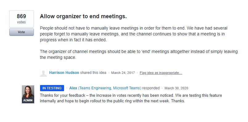 mtholfsen's tweet photo. FYI that this #MicrosoftTeams UserVoice entry is now "In Testing" 🛠 (https://t.co/qBnGrwElpL)

"Allow organizer to end meetings"

#edtech #distancelearning #remotelearning https://t.co/vbgo4AkjlP