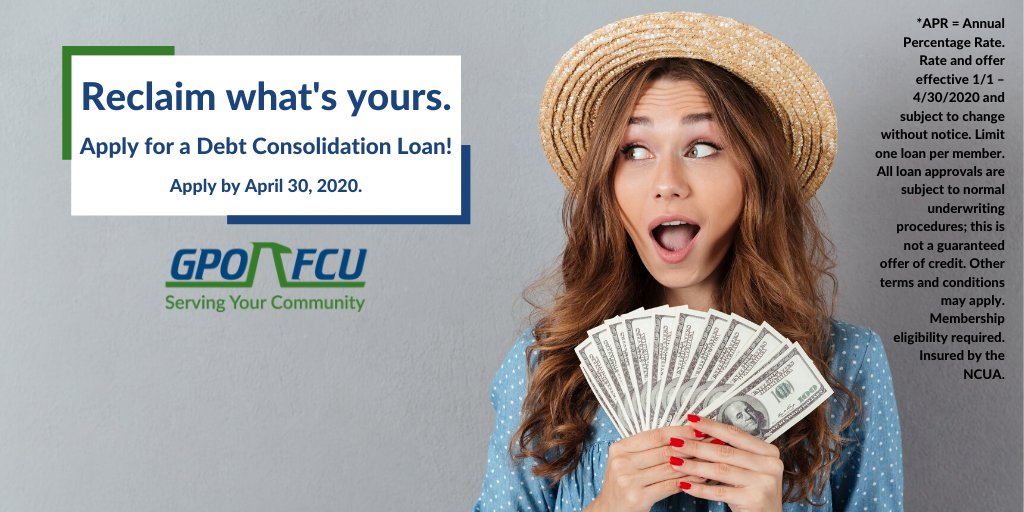 GPOFederalCU's tweet photo. #ReclaimWhatsYours with a #DebtConsolidation Loan & enjoy rates as low as 6.00% APR*. Take an extra .50% off the loan rate when you sign up to make your payment via direct deposit or scheduled checking account withdrawal!
Learn more: https://t.co/nugnEUdAsJ
#GPOFCU https://t.co/IoHznTM7nl