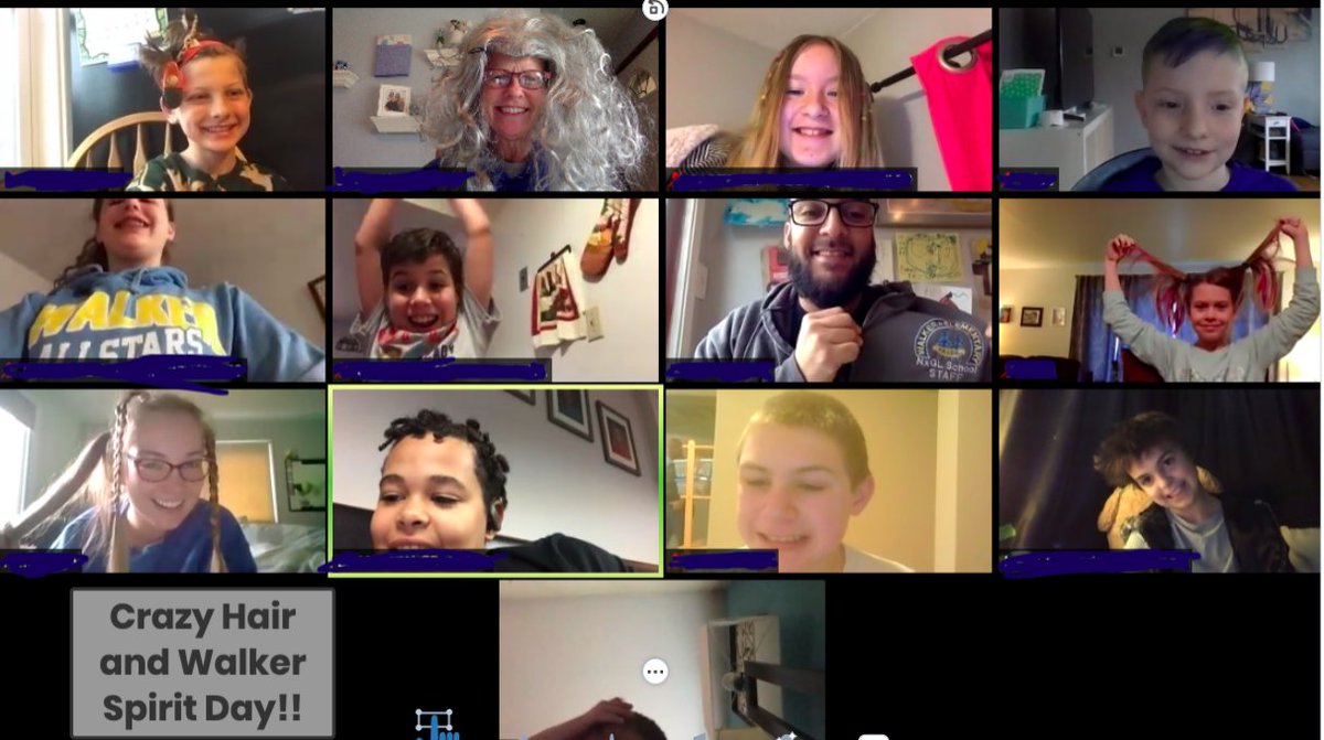EastatW's tweet photo. Crazy hair and school spirit day- the shy kids logged off before the picture was taken!  Keeping spirits up and relationships strong💪 @WalkerNxGL @WAWMSchools @Scubastacy3 #WAWMproud #distancelearningcanbefun https://t.co/xltWWUnkVe