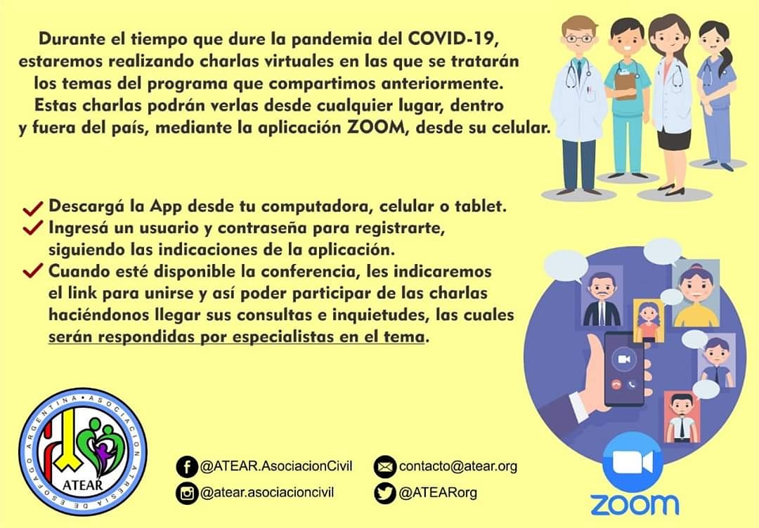 ATEARorg's tweet photo. 📣📣📣📣
▪️Durante el tiempo que dure la pandemia del COVID-19, estaremos realizando charlas virtuales en las que se tratarán los temas del programa que compartimos anteriormente, mediante la aplicación ZOOM, desde tu celular.
#ATEAR #AtresiaDeEsofago #UniteJuntosSomosMas https://t.co/fBHEdv0k5v