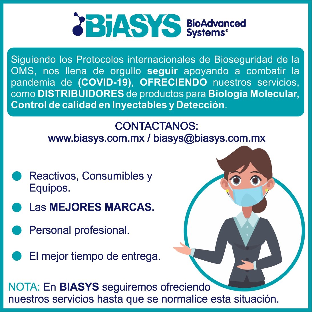 BioadvancedS's tweet image. En @bioadvancedsystems  estamos siguiendo los protocolos internacionales de Bioseguridad de la OMS, con el fin de seguir apoyándolos en sus investigaciones. 
#covid19 #covid_19 #cdmx #mexico #coronavirus 
#cuidate #sanadistancia