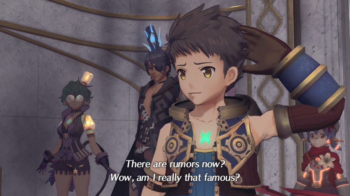 Small moments like these are part of why I love Rex as a lead! He thinks people are spreading rumors about him because of his heroic exploits but in this case it's just because he messed up a water tower.  #Xenoblade2