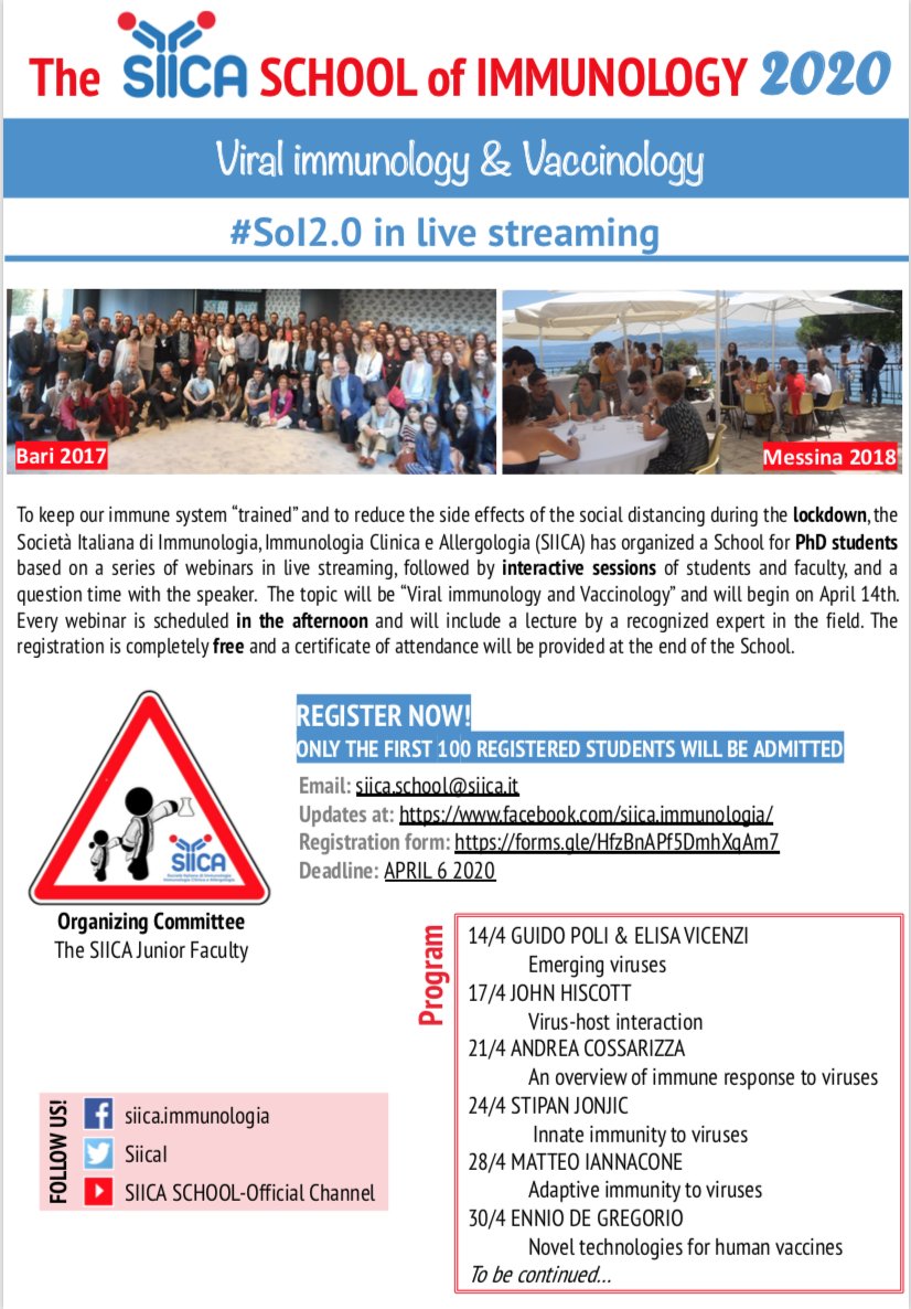 SiicaI's tweet photo. 🔴Breaking news!🔴

To keep our immune system “trained” and to reduce the side effects of the social distancing during the lockdown, we have organised a School in live streaming for PhD students, about Viral #Immunology and Vaccinology .

Register here:
https://t.co/mErSRYkmEN https://t.co/Dk8Iezq44Q