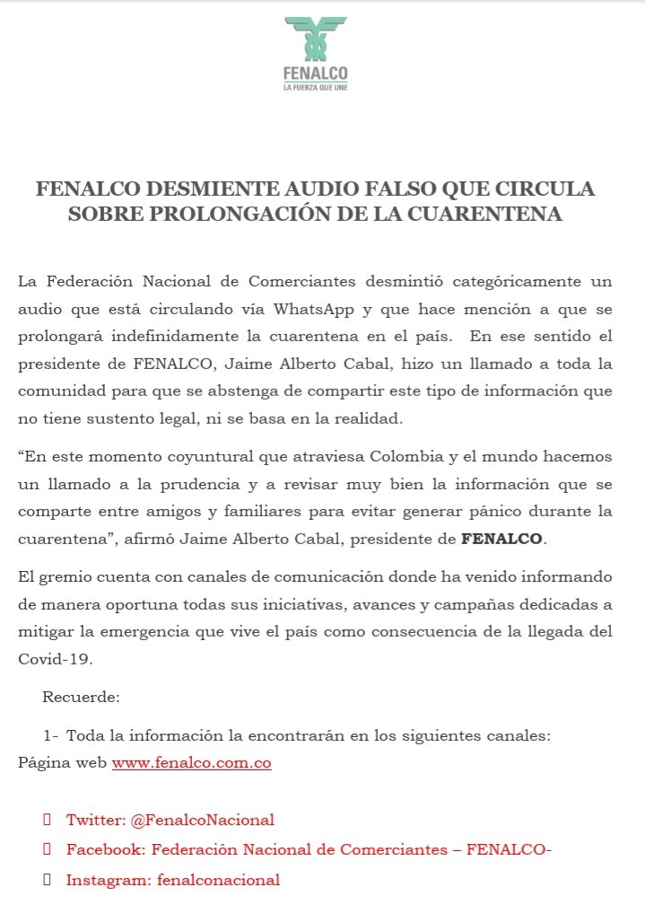FENALCON's tweet photo. *COMUNICADO IMPORTANTE* 

Fenalco desmiente audio falso que circula sobre prolongación de la cuarentena.
#FENALCONARIÑO https://t.co/EGM5CDaO2n