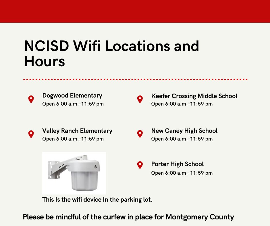NCISD Wifi Locations and Hours- The wifi devices are in the parking lots of Dogwood Elementary, Valley Ranch Elementary, Keefer Crossing Middle School, New Caney High School, and Porter High School.  Please be mindful of curfew in place for Montgomery County.
#phsfocus2020 #ncisd