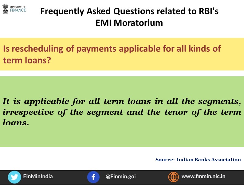 FinMinIndia's tweet photo. Last week, @RBI announced a three-month moratorium on all term loans outstanding as on March 1, 2020, as well as on working capital facilities. 
The Indian Banks Association has answered a list of Frequently Asked Questions about the technicalities of the moratorium. (1/4) https://t.co/ASvjT1dBpj