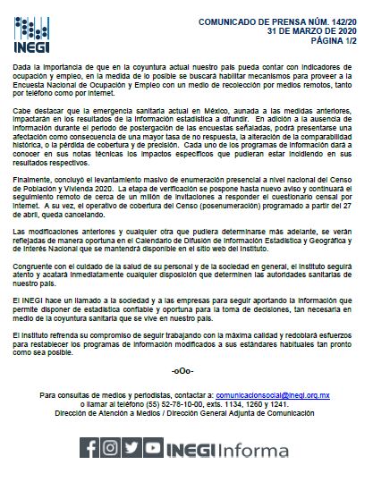 INEGI_INFORMA's tweet photo. Consciente del estado de emergencia sanitaria que el COVID-19 significa para nuestro país, el #INEGI anuncia medidas adicionales respecto a su operación en las próximas semanas https://t.co/xVdeMFGVCV https://t.co/OKNFzIixgx
