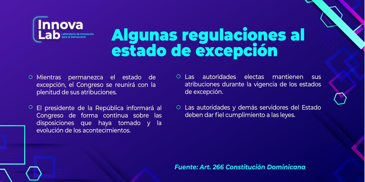 InnovaLabRD's tweet photo. ¿Conoces que son los estados de excepción en un país?
¿Qué hechos pueden ocurrir para declarar un Estado de Emergencia?
Acá te dejamos algunas informaciones importantes que puedes chequear y compartir💡
#innovalabrd #estadodeexcepción #estadodeemergencia #constituciondominicana https://t.co/9X5ZYdXnVM