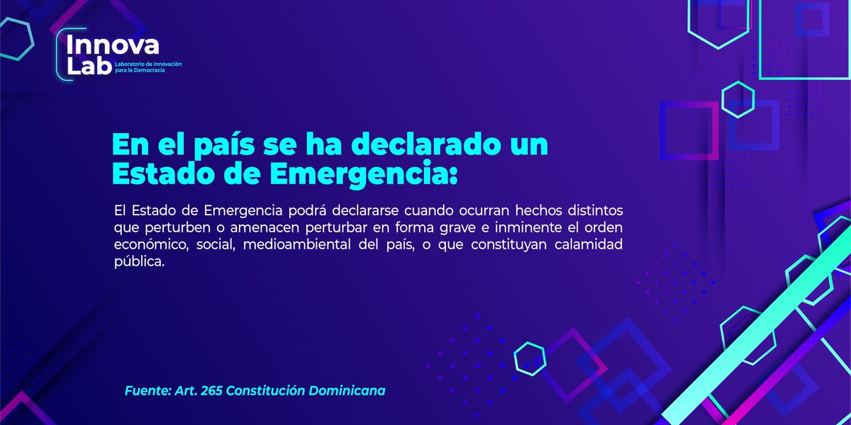 InnovaLabRD's tweet photo. ¿Conoces que son los estados de excepción en un país?
¿Qué hechos pueden ocurrir para declarar un Estado de Emergencia?
Acá te dejamos algunas informaciones importantes que puedes chequear y compartir💡
#innovalabrd #estadodeexcepción #estadodeemergencia #constituciondominicana https://t.co/9X5ZYdXnVM