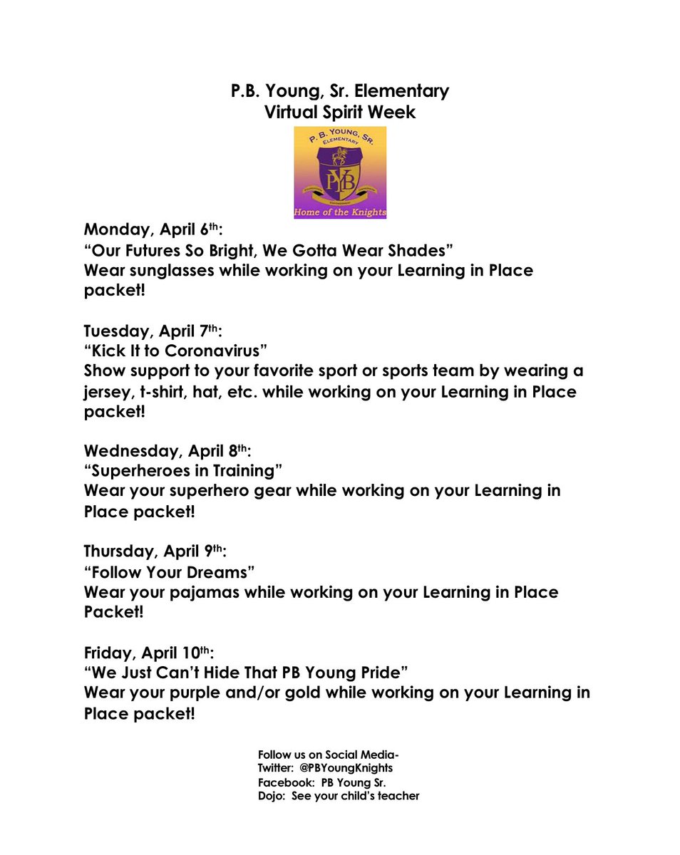 Join us next week for our PB Young Virtual Spirit Week! Take pictures of yourself and post them on our social media pages with #PBYoungStrong #WeAreNPS. We love and miss you all! @NPSchools @Cluster2ES