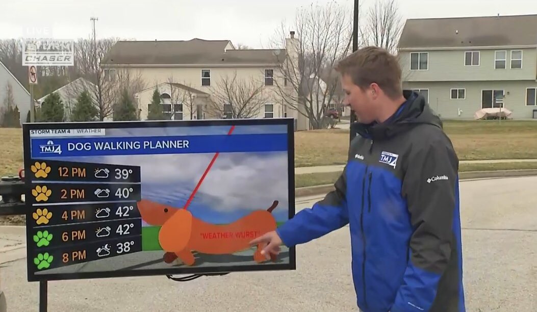 SusanKim4's tweet photo. Decision made. โฆ@BrianNizTMJ4โฉโs computer dogโs name is... Weather Wurst. ๐คฃ #weatherwurst @tmj4 #walkthedogforecast #saferathomeorder โฆ@vincevitranoโฉ https://t.co/WU8wlAQIax