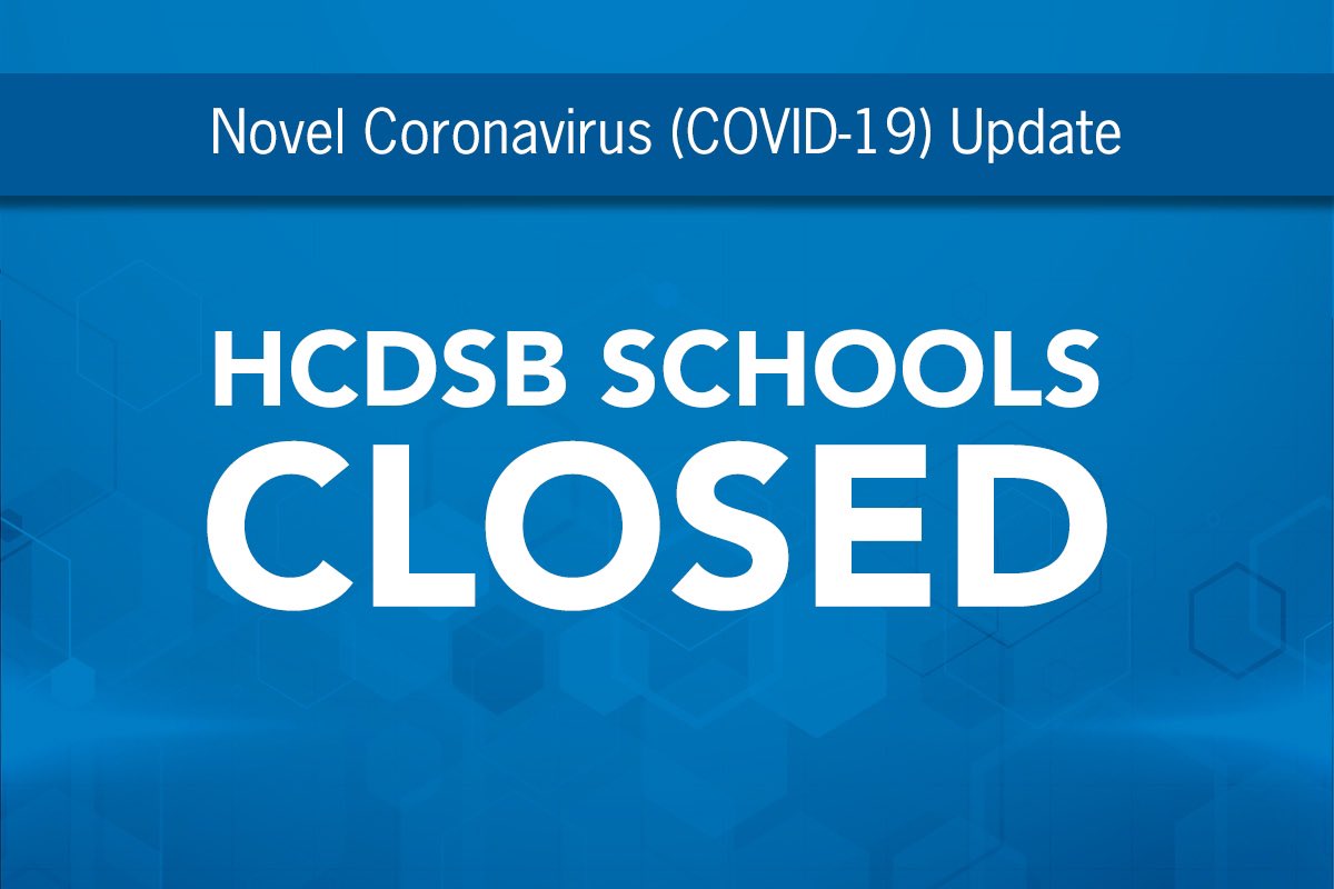 HCDSB's tweet photo. The Minister of Education has just announced that schools will remain CLOSED until Friday, May 1, 2020 to help minimize the spread of #COVIDー19. Parents &amp; staff will be receiving a message from our Director later today. Please check your emails! https://t.co/PHTUhA7Q38 https://t.co/uBJbpBEegH