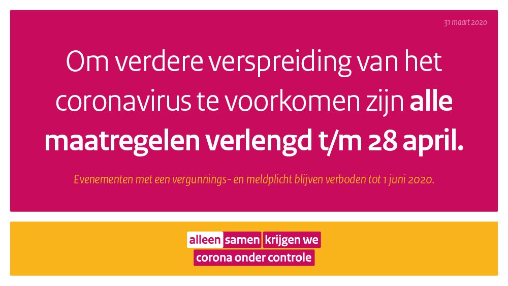 De verlenging van de maatregelen is nodig om de verspreiding van het coronavirus te kunnen controleren, kwetsbare groepen te beschermen en ervoor te zorgen dat zorgverleners en ziekenhuizen de grote druk aankunnen.

Meer informatie ⤵️

rijksoverheid.nl/actueel/nieuws…

#AlleenSamen