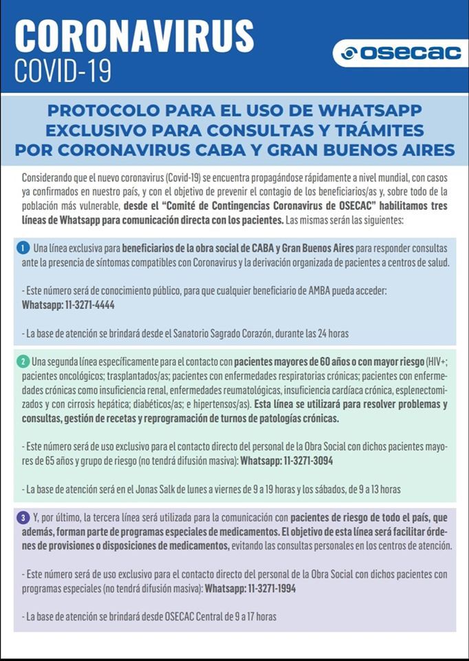 Atención: Protocolo #Osecac por #CoronavirusEnArgentina