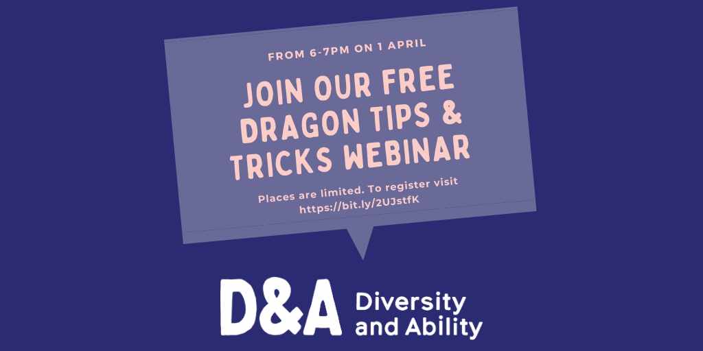 CallingAllMinds's tweet photo. Fancy learning some top tips & tricks for using Dragon with our free webinar on 1 April from 6-7pm? To find out more information & to register, visit https://t.co/LyFJhucLJw Be quick as places are limited!
#Diversity #Disability #AssistiveTechnology #AccessibleApps https://t.co/a1z9yCsBkY
