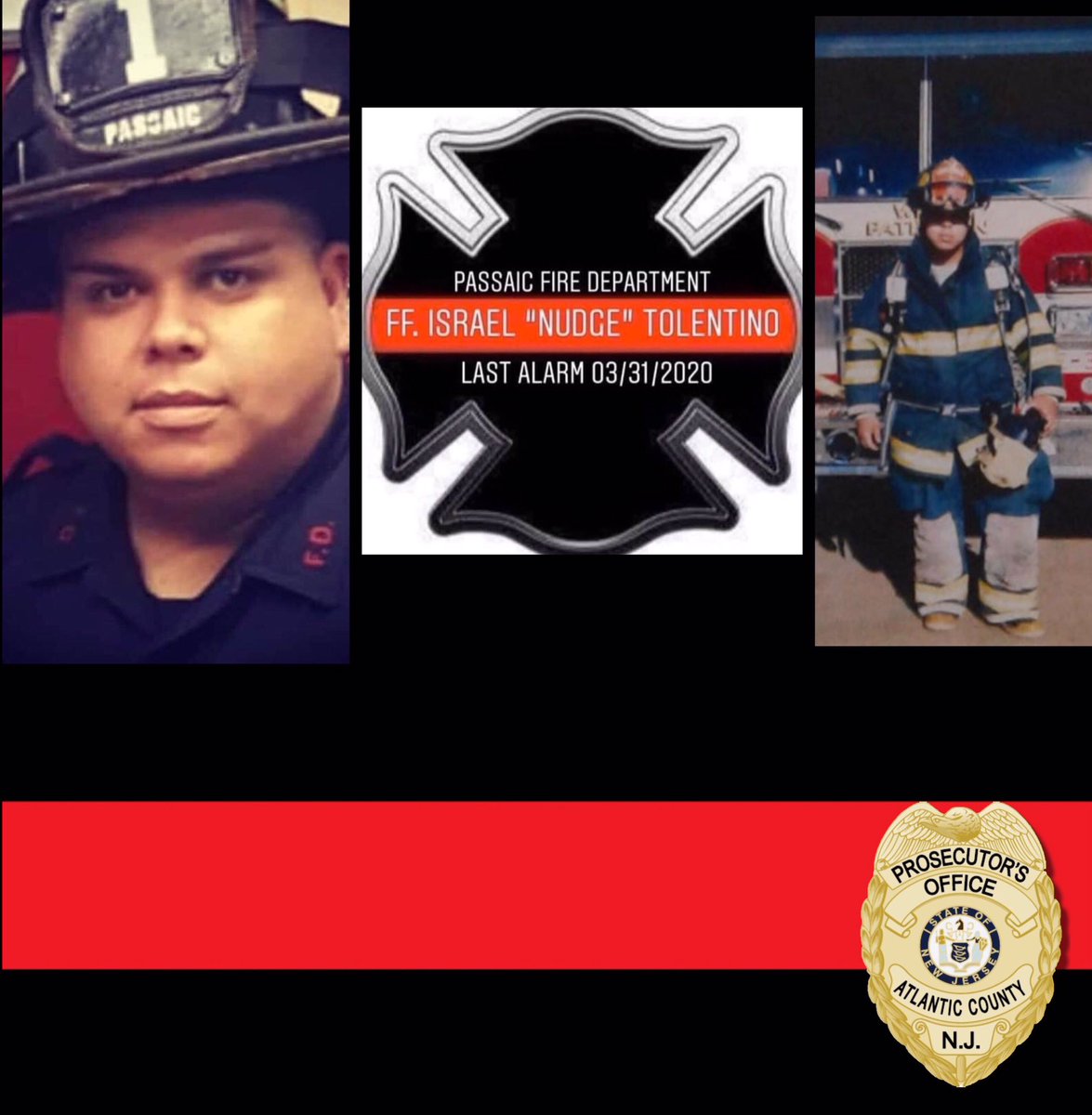 ACProsecutor's tweet photo. .@ACProsecutor offers deepest sympathies to family, fellow #firefighters & friends of #PassaicFirefighter #IsraelTolentino, who died Tuesday of #COVID19 complications, officials announced.
#ACPO #NJFIREFIGHTERS #lastalarm @njfmba @officialACFD @AtlanticCityFD #coronavirus https://t.co/PQnmwE7srV