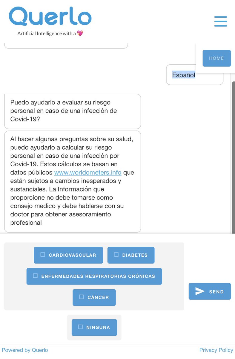 CrisisSmart's tweet photo. From Today the Querlo #covid19 #chatbot is also in Spanish: https://t.co/rf9o5QqY5W select #PersonalRisk ๐ท and Espaรฑol https://t.co/YAmc26mUZb