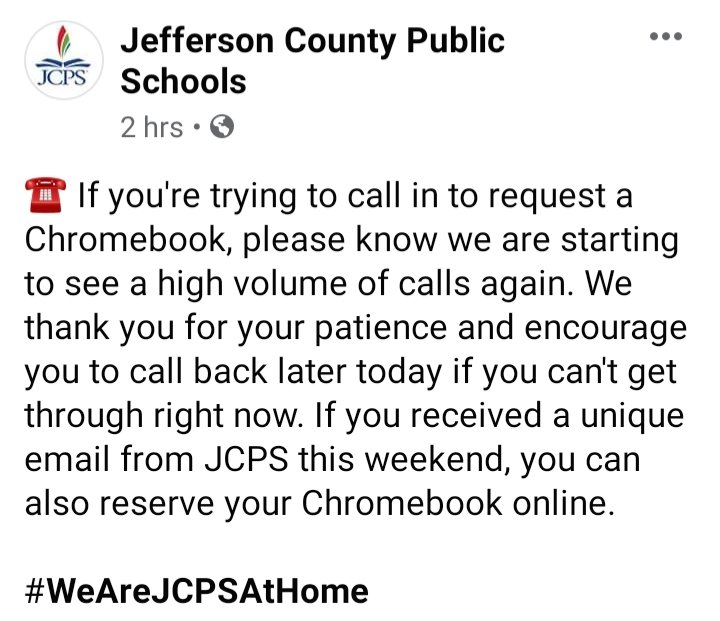 JCPS families--TODAY IS THE LAST DAY to request a Chromebook if you do not have access to a device at home. (502) 313-4357