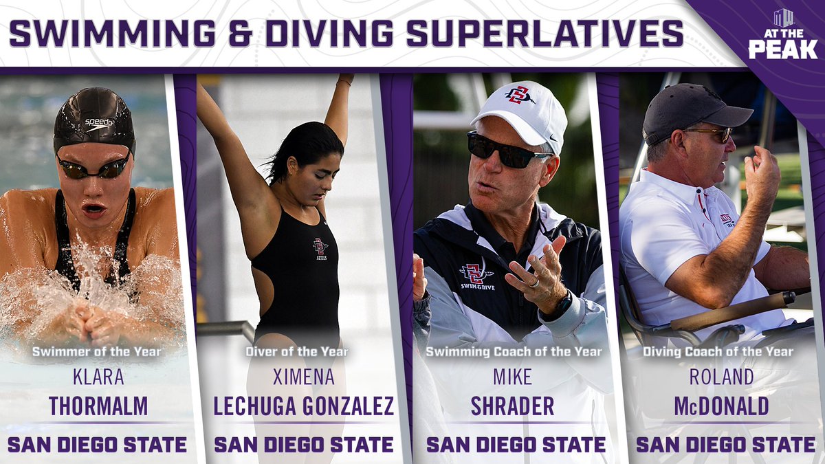 MountainWest's tweet photo. San Diego State sweeps Swimming &amp; Diving Players and Coaches of the Year Awards‼️

@SDSUswimdive | #GoAztecs https://t.co/ea6oBnSfr1