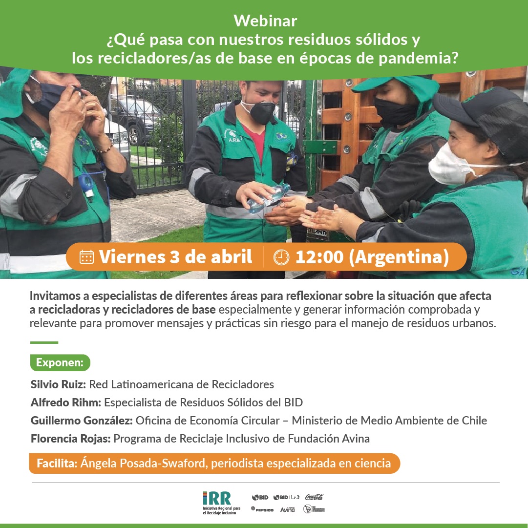 Latitud_R's tweet photo. #Webinar: ¿Qué pasa con nuestros residuos sólidos y los recicladores/as de base en épocas de pandemia? Especialistas de diferentes áreas, con la conducción de @swaforini, nos ayudan a generar información clara y relevante en tiempos de #COVID19 https://t.co/9KjSpVCchN