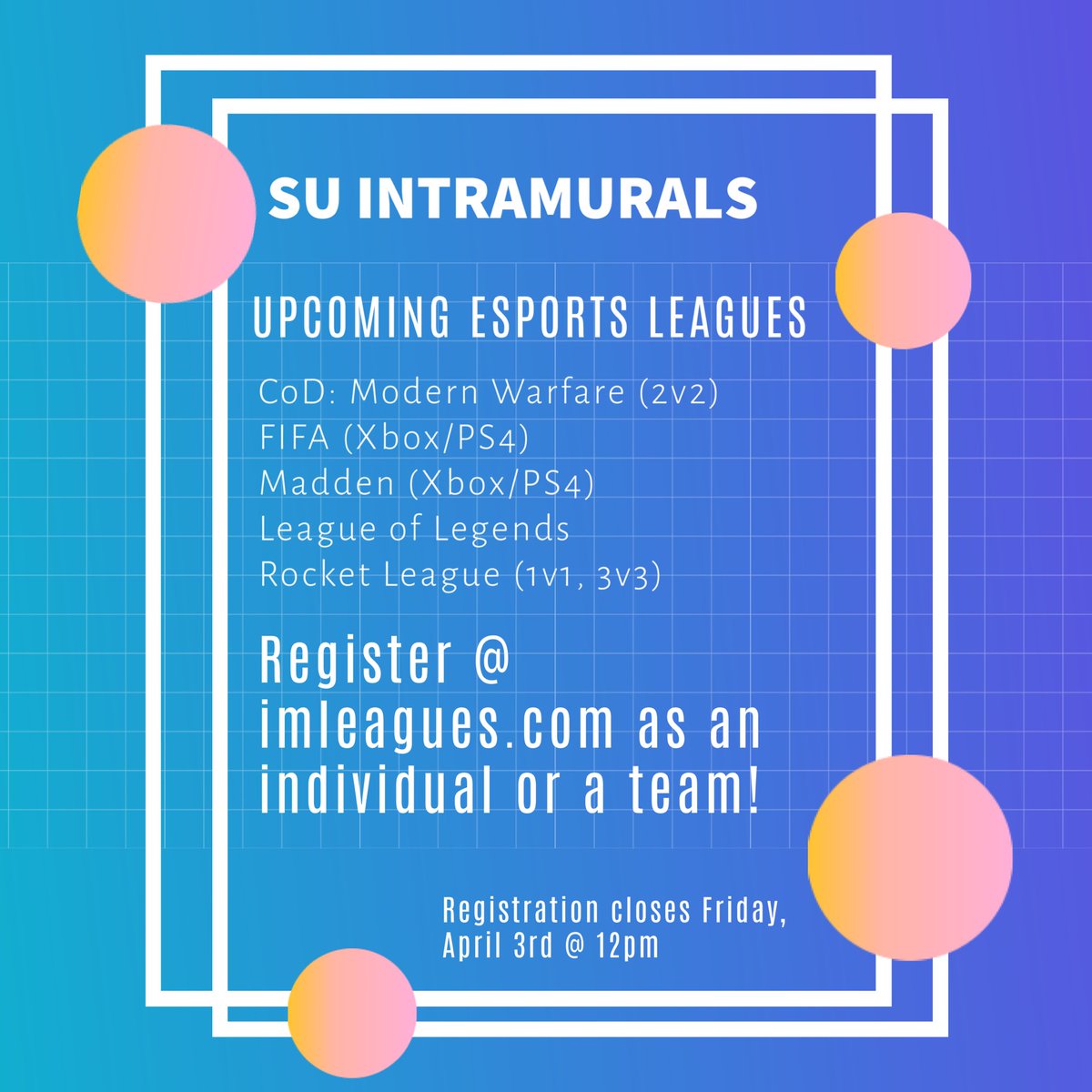 SUCampusRec's tweet photo. SU Intramurals is going online! Grab your controller and sign up at https://t.co/DJl5xtPMTD using your SU email address and gamertag! Registration closes on Friday! https://t.co/EkaprQ901S