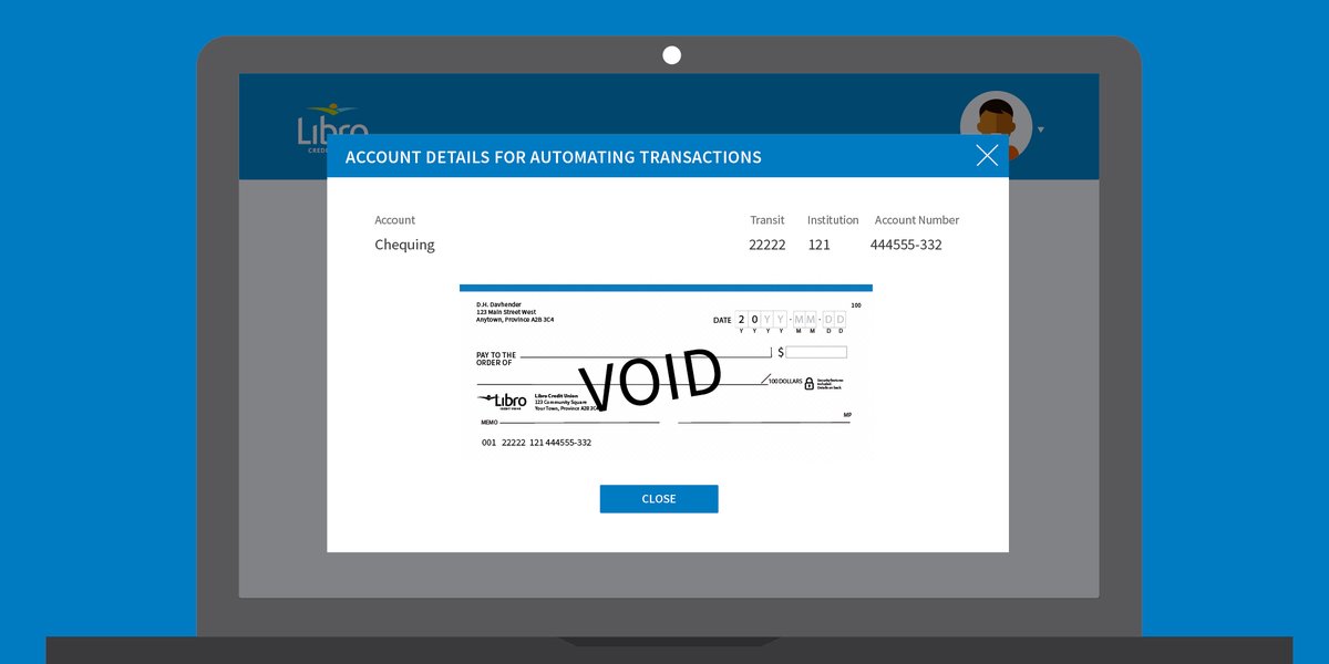 LibroCU's tweet photo. Do you need your transit, institution and account number?
1️⃣ Login to online banking and select the account you need details on.
2️⃣ Select the gear icon in top right (if using mobile, it will be three dots) and select 'Void Cheque'.
3️⃣ You'll see a pop up with account details. https://t.co/y0AWHTiPs2