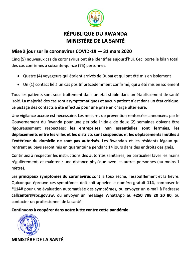 31.03.2020
Amakuru Mashya kuri Koronavirusi COVID-19 / Update on COVID-19 Coronavirus / Mise à Jour sur le Coronavirus COVID-19