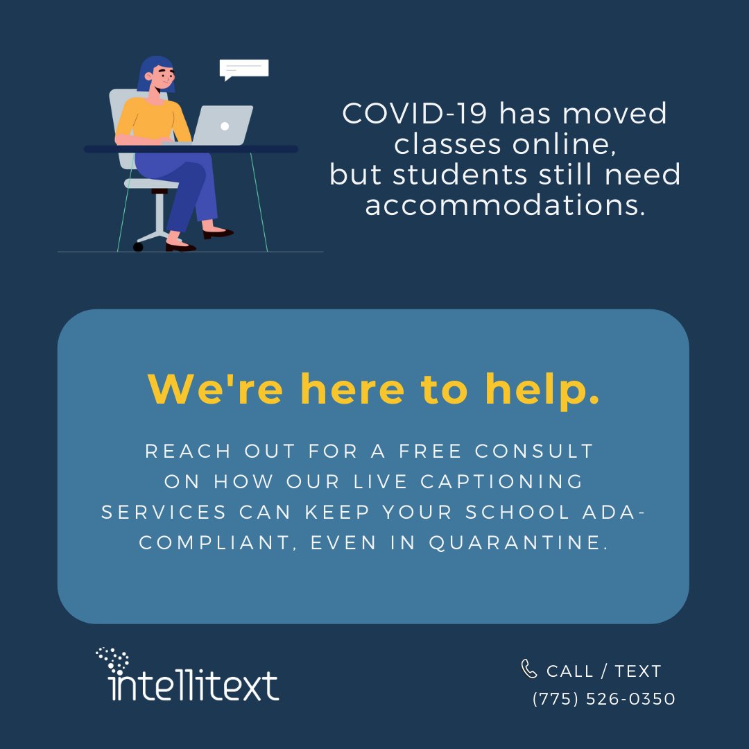 IntellitextLLC's tweet photo. We are working with our clients to implement real-time transcription and captioning for courses that have transitioned to online, and we're here to assist you too. 

Schedule a short demo or call/text us today.

https://t.co/RHl1TwdRKI https://t.co/7miFk4qqwg