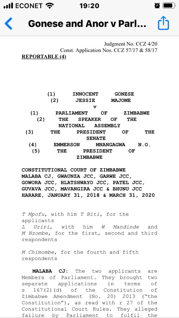 We won today in the Constitutional Court!! 💥Supreme Court sitting as the Concourt) A victory for democracy! A vindication of constitutionalism! CJ & bench agreed with & I Gonese & I that Constitutional Amendment # 1 is unconstitutional (it made president appoint all top judges)