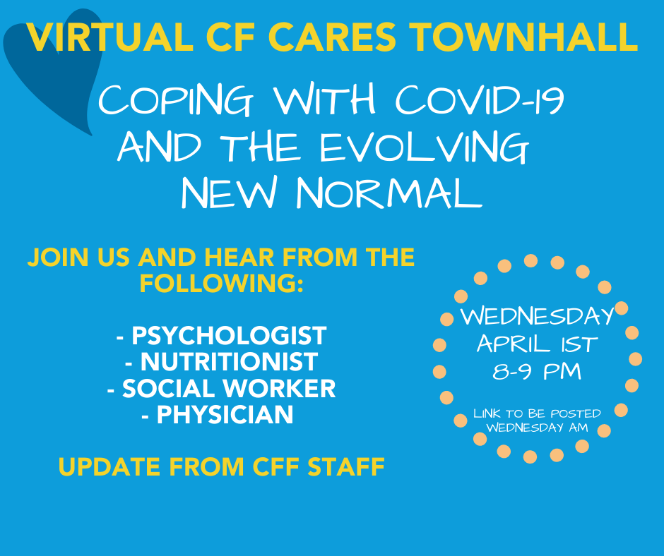 CFF_CLT's tweet photo. Join us TOMORROW for a Virtual CF Cares Townhall @ 8 PM – open to ALL CF Caregivers. Hear from members of the Levine’s CF Care Team and CFF Charlotte Staff on dealing with this evolving new normal. Link to participate will be posted tomorrow morning. #CFCares https://t.co/hNUEEfqEmu