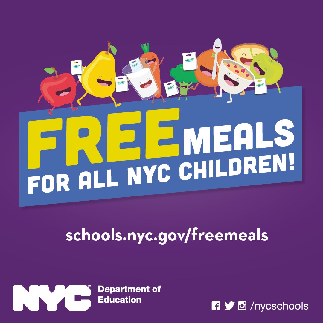 NYC children can get three free meals from +400 sites across the city!
🗓️Monday - Friday
🕑7:30am - 1:30pm
🍎All meals may be picked up at the same time
🙋🏽‍♂️No registration or ID required
👨‍👩‍👧‍👧Families may pick up meals for their children
📍Find a location: schools.nyc.gov/freemeals