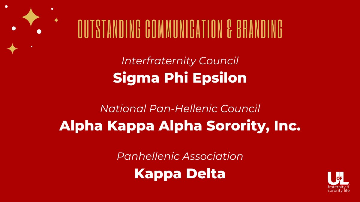 UofLFSL's tweet photo. Congratulations to @SigEpUofL, @BetaEpsilon1908 and @KappaDeltaUofL for receiving the Outstanding Communication and Branding Award! https://t.co/R1oY0O8bj5