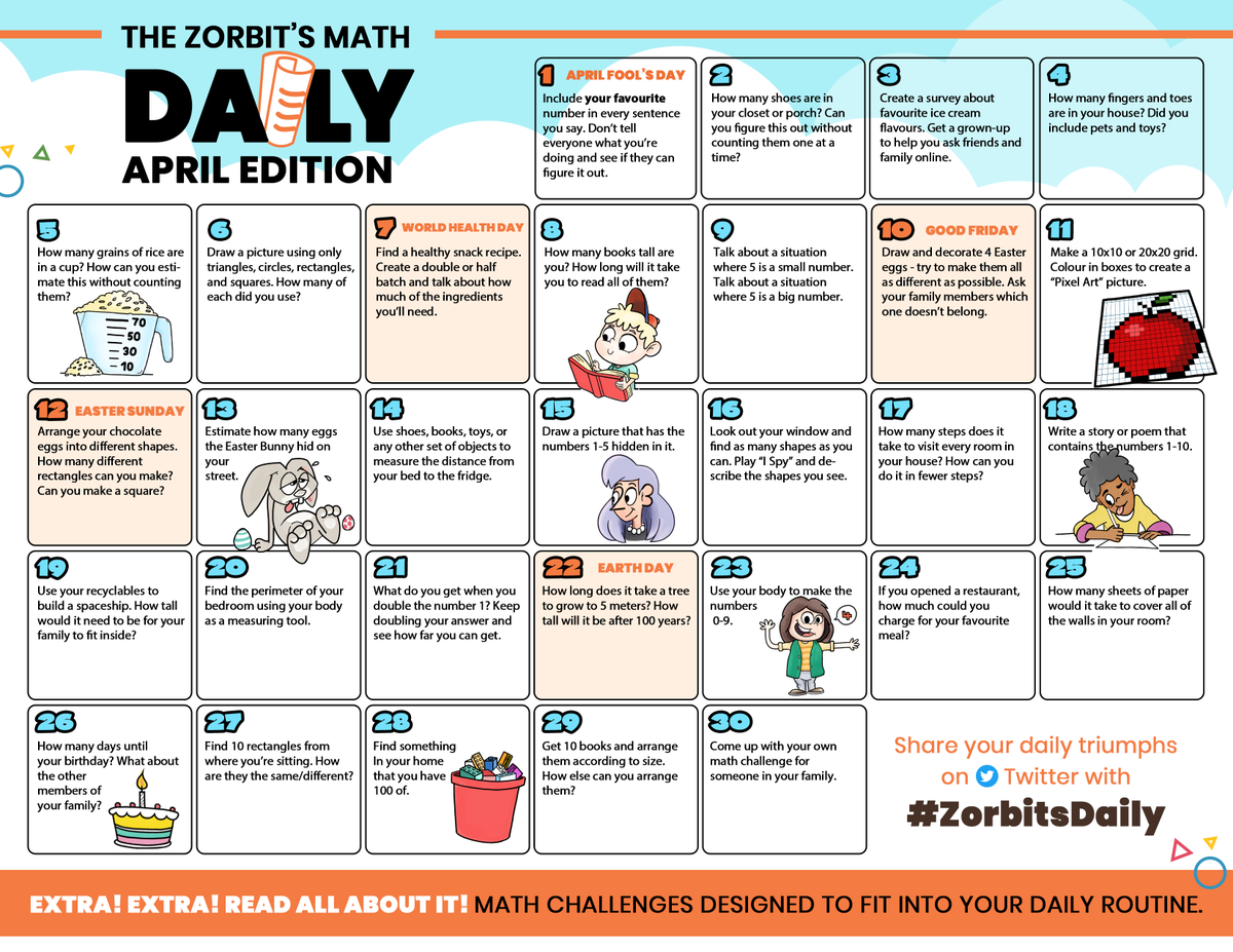 ZorbitsMath's tweet photo. Extra Extra! The Zorbit’s Math Daily starts tomorrow! These daily challenges help parents deliver a daily dose of math. The only rule: have fun! Share your daily triumphs with #ZorbitsDaily. Printable PDF here: https://t.co/Dco3yM9uqP #MTBoS  #homelearning #matheverywhere https://t.co/kOQeoFIfxr