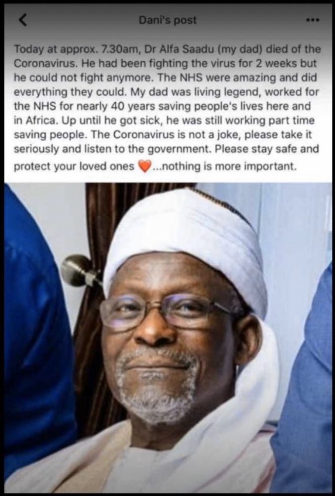 AhmaduGaladima's tweet photo. Today, 31 March, 2020.I lost an uncle - Dr. Alfa Saadu (Galadiman Pategi) to #COVID19 in the UK.  A retired volunteer medical Dr. that contracted the virus trying to save lives. 
This thing is not a joke. Please 🙏🏽🙏🏽#stayhome and #staysafe. May Allah have mercy on his soul. Amin https://t.co/ZyX7qlGAgy