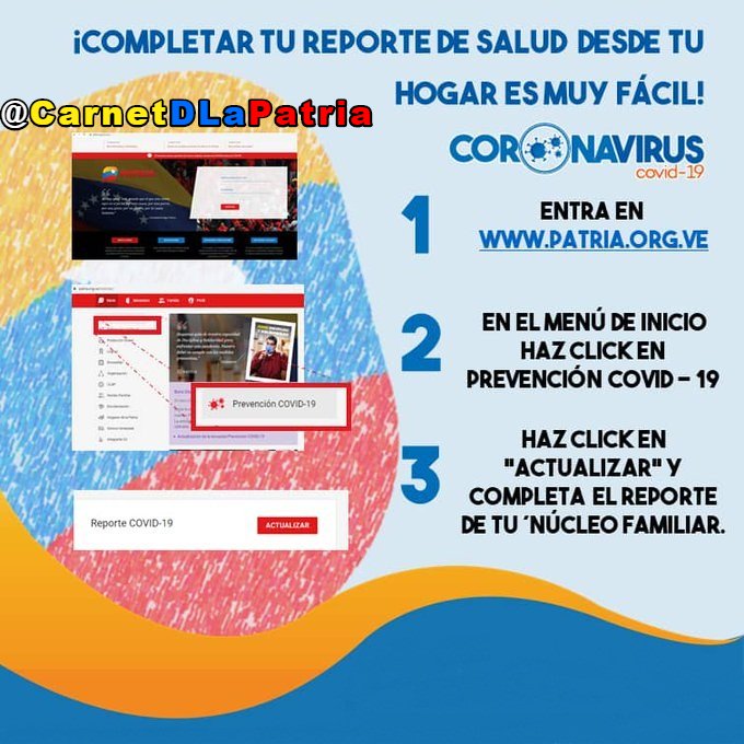 CarnetDLaPatria's tweet photo. Invitamos a todas las jefas y jefes de hogar a completar la encuesta de despistaje de Covid-19 en el Sistema Patria. 
Evitemos juntos la propagación de esta pandemia en el país. #QuedateEnCasa 
@NicolasMaduro 

#SolidaridadYHermandad https://t.co/mLrQu0dBng