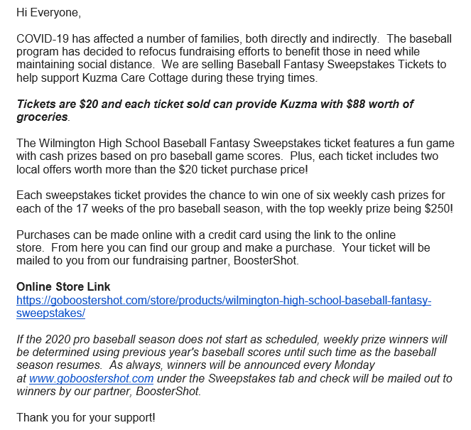 WHSCatsBaseball's tweet photo. Help the Wilmington HS Baseball Team in Supporting The Kuzma Care Cottage https://t.co/0Tei4I1BEw