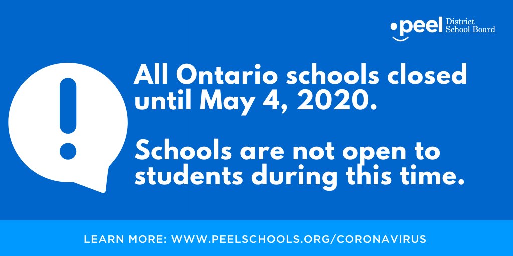 PeelSchools's tweet image. Today, the Ministry of Education officially announced that all publicly funded schools in Ontario, including those in the Peel District School Board, will remain closed until May 4, 2020, to further prevent the spread of COVID-19.

More: peelschools.org/media/newsrele…