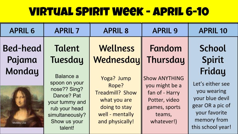 oldannounce_ths's tweet photo. Next week we will be having our first ever VIRTUAL SPIRIT WEEK! Each morning, beginning April 6, we will post the theme for the day and hope as many BLUE DEVILS as possible will reply with pics and videos to show how they are participating! @THS_JStew @houseths1 @Tcsferguson https://t.co/KvBH6fET30