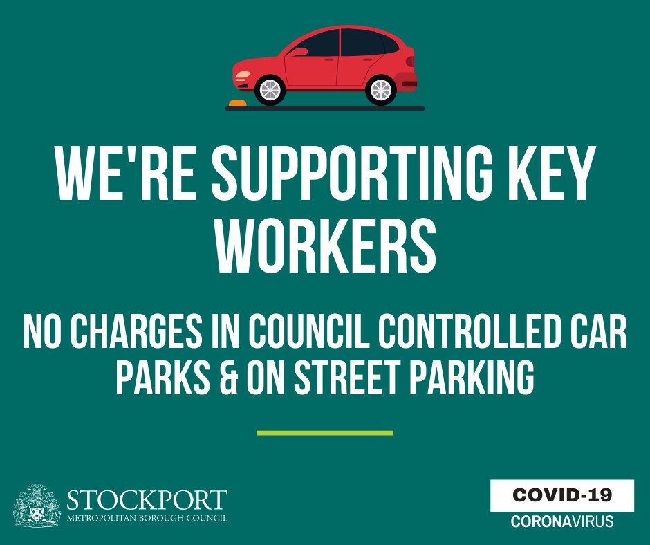 StockportMBC's tweet photo. We’re supporting Stockport’s key workers – all car parking charges in Council-controlled car parks or on street parking have been suspended in the Stockport borough, enabling people who still need to go to work to park free of charge for the time being. 

https://t.co/HSsPCr4KQI https://t.co/kGcADxHIaw