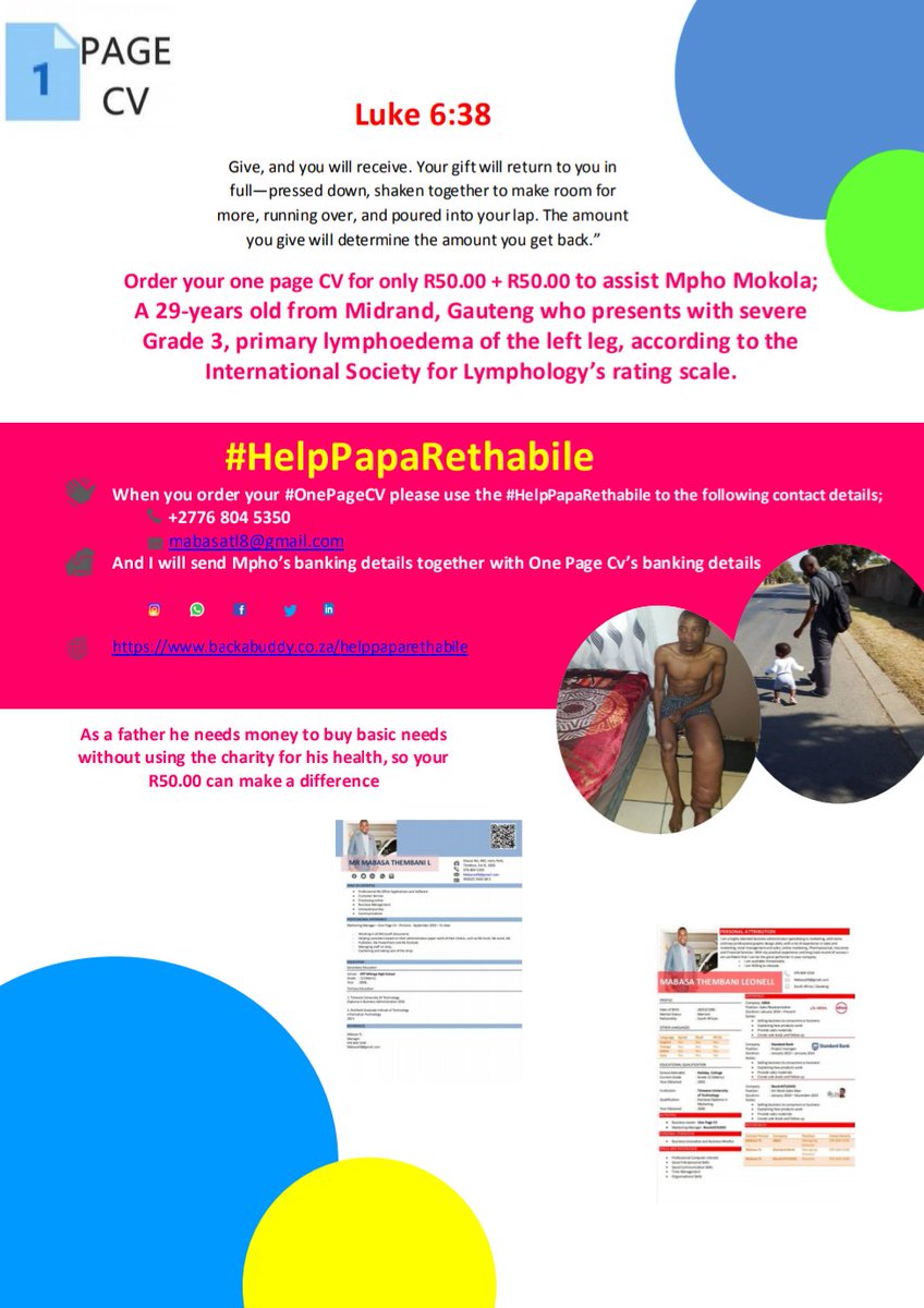 MabasaLeonell's tweet photo. @Tumi_Axe Hi โบ๏ธ my name is Thembani Leonell Mabasa
And I can revamp CVs with #QRscan or without... For only R50.00
Attached are just made up CVs for advertising and charity help line for #HelpPapaRethabile
Contact me on
Whatsapp +27768045350
Email :mabasatl8@gmail.com https://t.co/b0sPYlBuIp