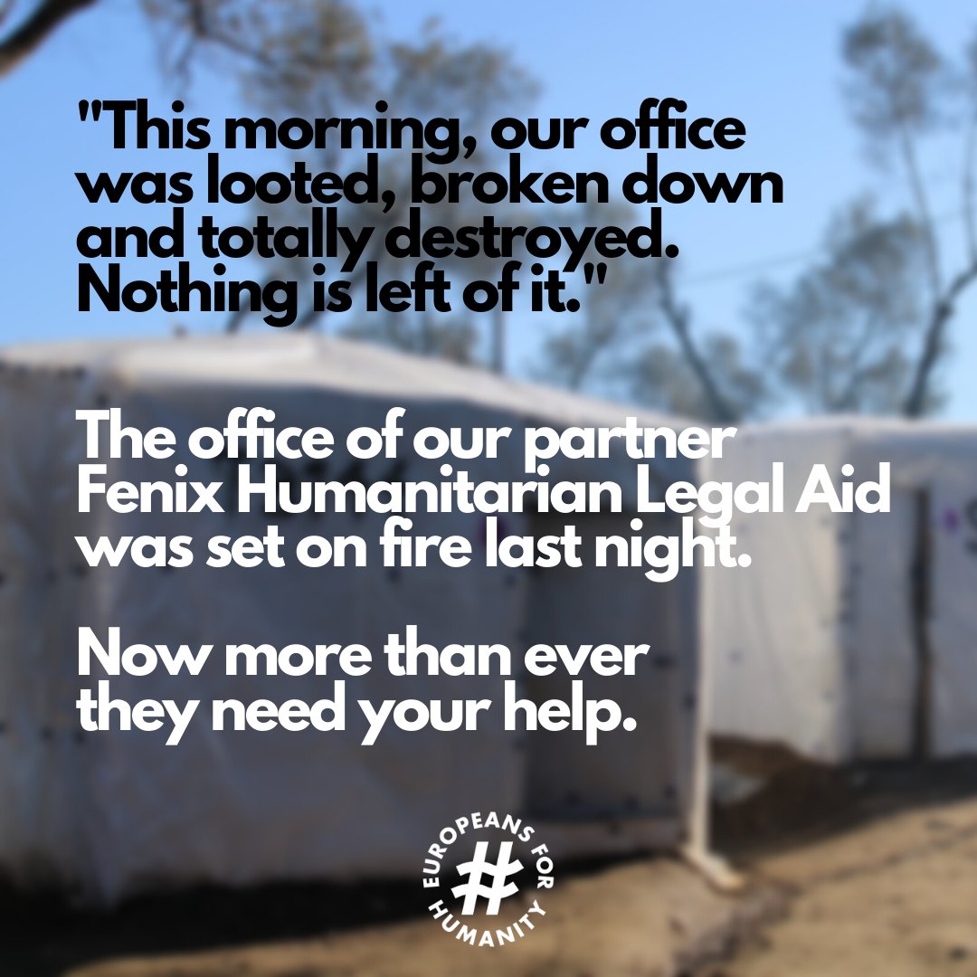officialEFH's tweet photo. #EuropeansForHumanity partner @AidFenix provides essential services to survivors of sexual violence and torture and to unaccompanied children in Moria.

Last night their office was set on fire.

We need your help now:
https://t.co/D3Yrob0XP1 https://t.co/wbfTWCZaxn