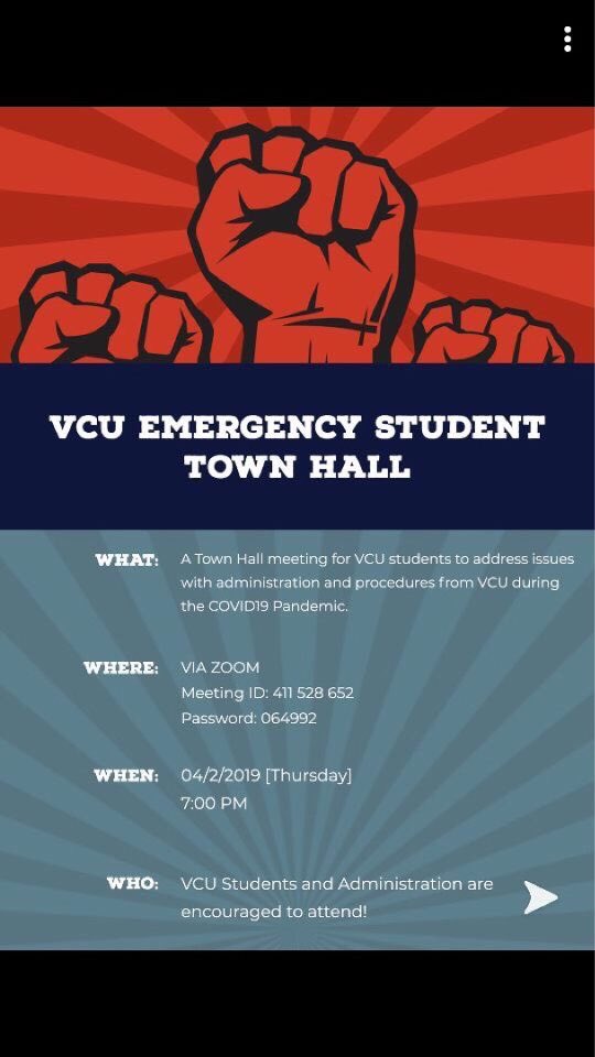 VCU_YDSA's tweet photo. VCU Emergency student town hall this Thursday! The town hall will be held over zoom. We hope to see many people there. https://t.co/lnqHZypVfs