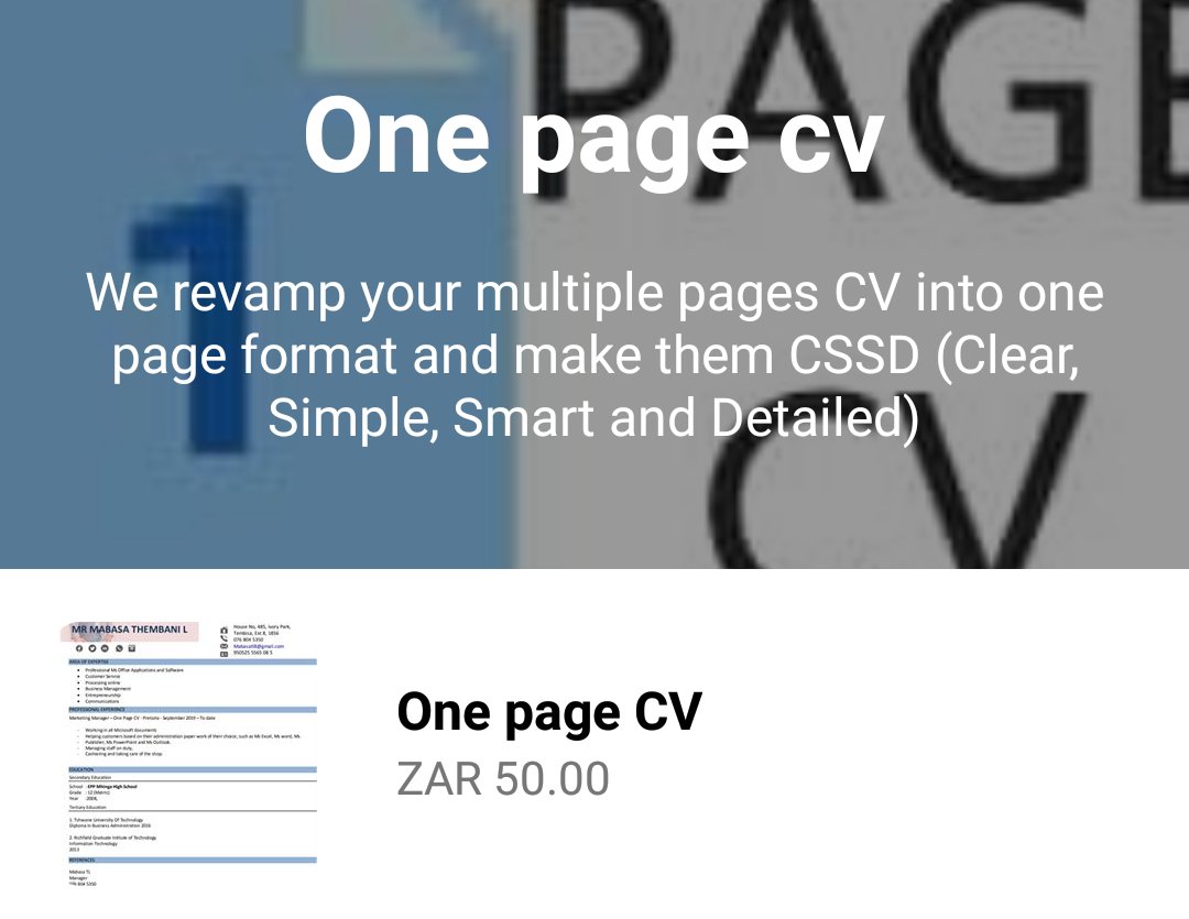 MabasaLeonell's tweet photo. @Tumi_Axe Hi โบ๏ธ my name is Thembani Leonell Mabasa
And I can revamp CVs with #QRscan or without... For only R50.00
Attached are just made up CVs for advertising and charity help line for #HelpPapaRethabile
Contact me on
Whatsapp +27768045350
Email :mabasatl8@gmail.com https://t.co/b0sPYlBuIp