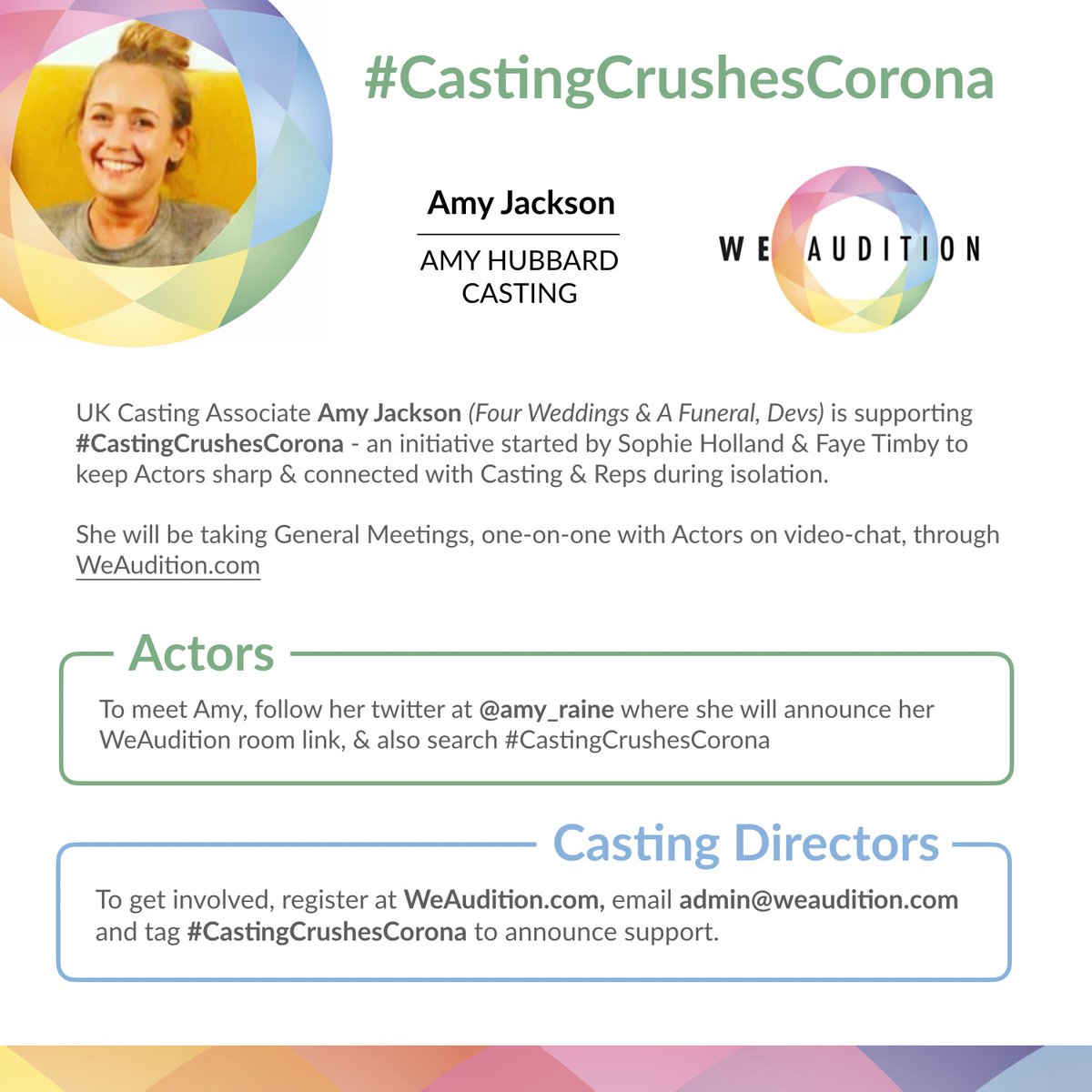 AmyJacksoncast's tweet image. I'm jumping on to @WeAudition to meet new actors tomorrow (Wednesday) at 14:00 (waiting list opens at 13:00) I am opening this one up to AMERICAN ACTORS BASED IN LONDON as this is useful to @amyhubcast and I right now. Make sure you us Google Chrome!  weaudition.com/room/xghorb
